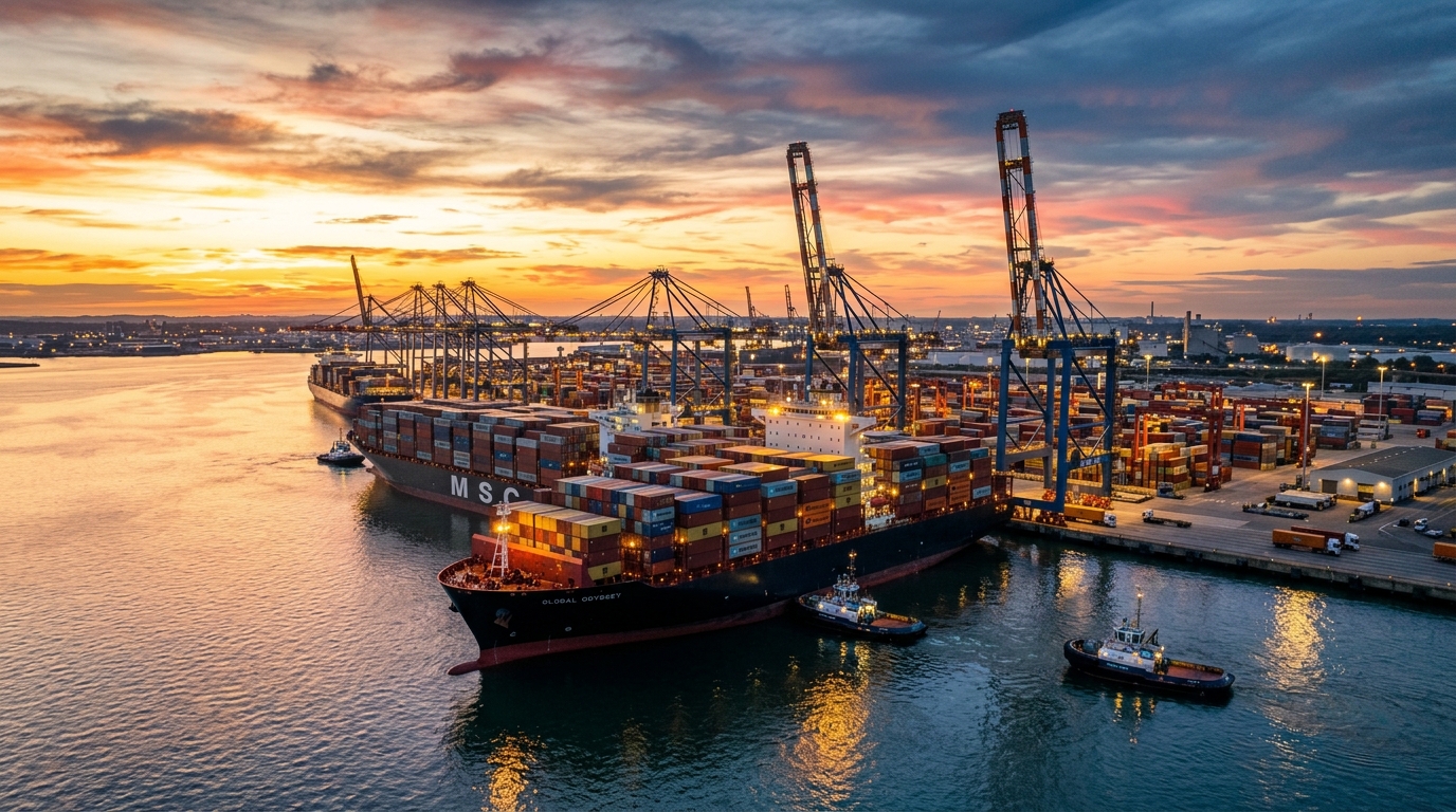 Commercial container ship at modern deep sea port terminal